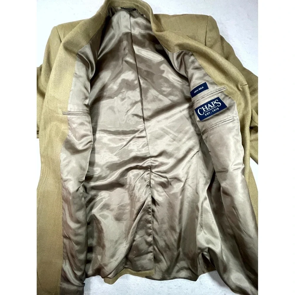 Chaps Ralph Lauren Blazer Jacket Men Tan Silk Herringbone Sport Coat Notch Lapel